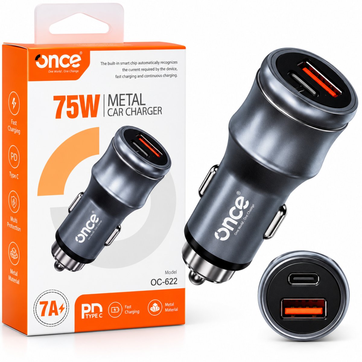 CARGADOR AUTO ONCE OC-622 75W METAL