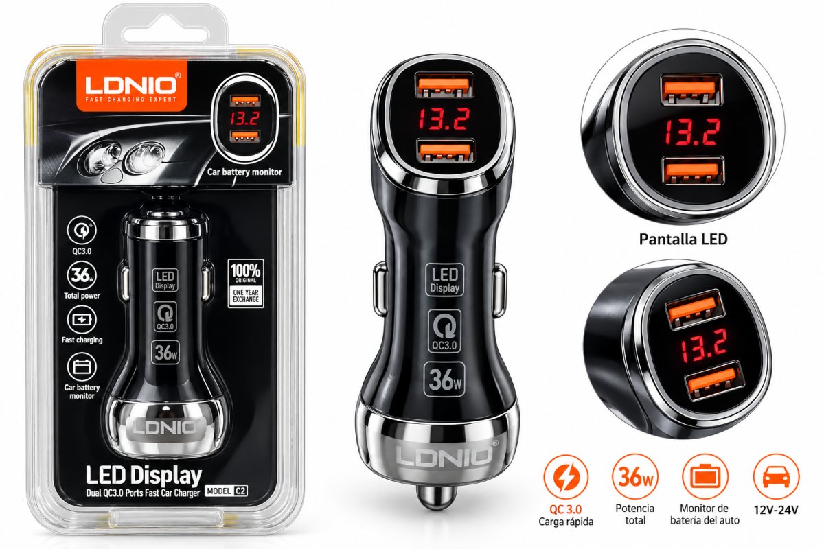 CARGADOR AUTO LDNIO C2 36W C/PANTALLA